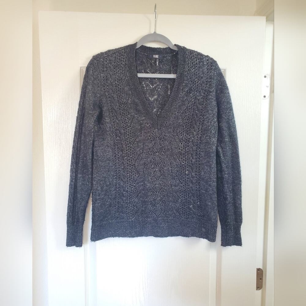 Paige V-Neck Wool Blend Black Shiny Silver Lightweight Sweater, Women's Medium